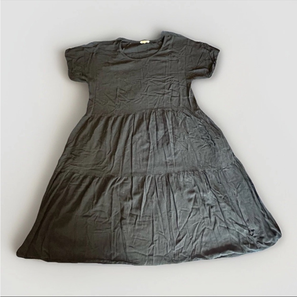 Tea N Rose Black Linen Blend Tiered Dress L Women's Babydoll Short Sleeve Casual